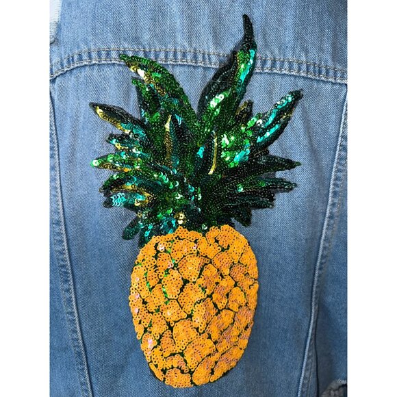 Boom Boom Jeans Denim Jacket Sequin Pineapple & Cactus Patches on Front Size XL - Picture 3 of 7